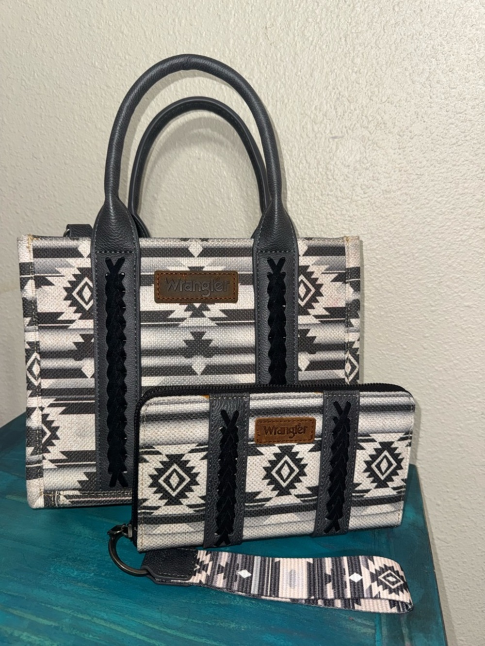Wrangler Black & Gray Aztec Tote with Matching Wristlet